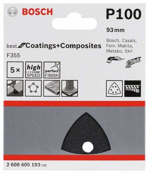 Set 5 Fogli abrasivi F355, 93 mm, P100. BEST for materiali plastici+compositi