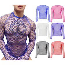 Mens See-Through Mesh T-Shirt Hollow Out Fishnet Long Sleeve Blouse Top Clubwear