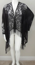 Davi & Dani Lace & Eyelash Fringe Kimono Wrap Black Plus One Size - New!
