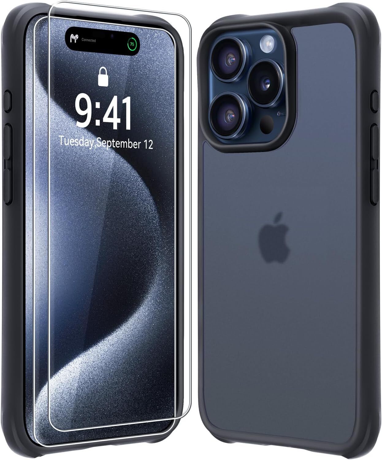 for iPhone 15 Pro Max Case Black, [Not-Yellowing] with 2X Tempered Glass Screen