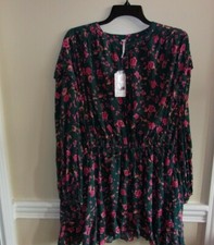 NWT Free People Emerald Combo Flower Fields Drawstring Floral Mini Dress Medium