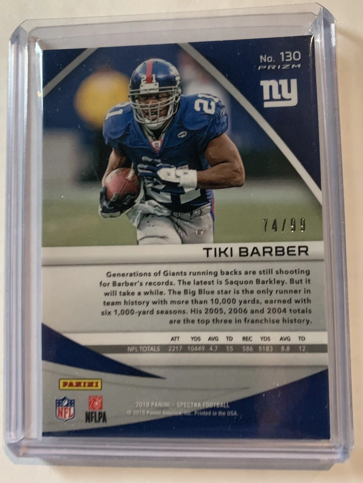 TIKI BARBER New York GIANTS 74/99 BASE CARD PANINI SPECTRA FOOTBALL 2019 NO 130 - Image 2 of 2