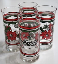 Whataburger Coca Cola Poinsettia Christmas Holiday 6” Drinking Glass -Set of 4