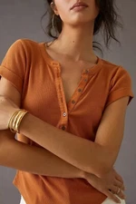 Pilcro Anthropologie Ribbed Henley Tee Blouse Top Solid Short Sleeve XS 260878