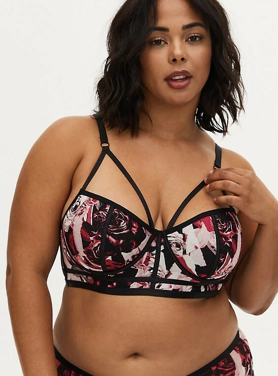 TORRID ONLINE EXCLUSIVE SIZE 0 BLACK & PINK ROSE POWER MESH STRAPPY BRALETTE