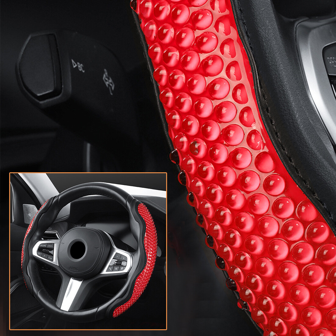 14.5-15.4 Inch Red Gel Leather Anti-Slip Steering Wheel Cover