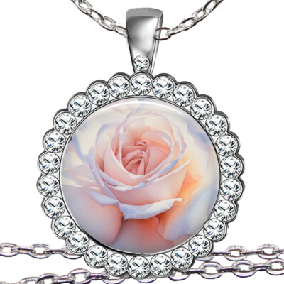 Watercolor Art Print Soft Peach Flower Rose Necklace Austrian Crystal Gift