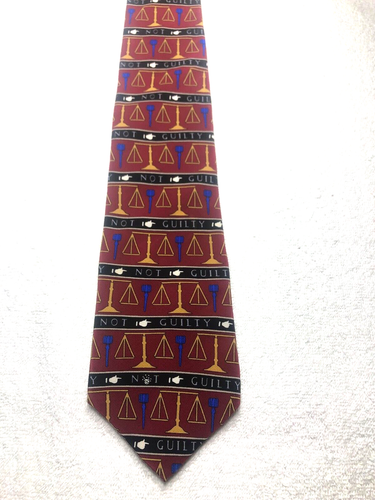 VICKY DAVIS MENS TIE RED WITH SCALES OF JUSTICE NOT GUILTY 3.75 X 57 - Picture 2 of 4