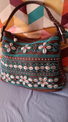 Isabella Fiori Brown and Tourquoise Seashells beads Shoulder bag leather 