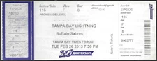 February 26 2013 Tampa Bay Lightning vs Buffalo Sabres ticket stub
