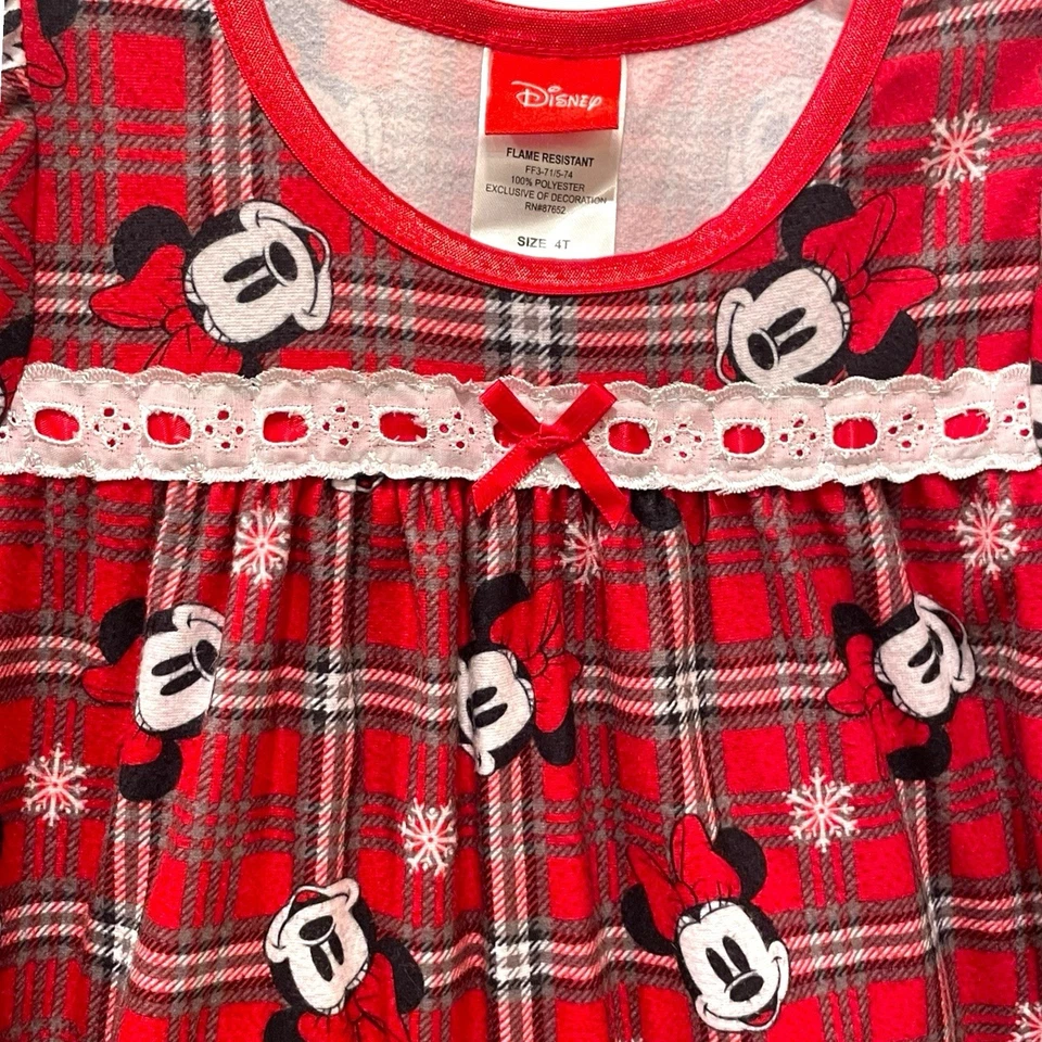 Disney Niñas 4T Cuadros Minnie Mouse Camisón Franela Volantes Navidad Abuela Foto 3 de 4