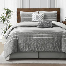 King Size Cotton Comforter Set, Grey Geometric Jacquard, 6 Pieces for All Season