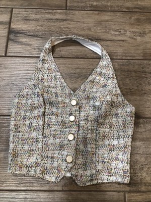 Dazy Womens Size S Multicolor Rainbow Tweed Button Halter Crop Top Festival