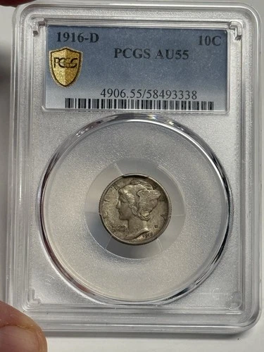 1916-D PCGS AU55 Mercury Dime, Freshly Graded King Of Series Silver Coin