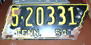 1954 State Shaped Original Paint Tennessee License Plate, Sullivan County