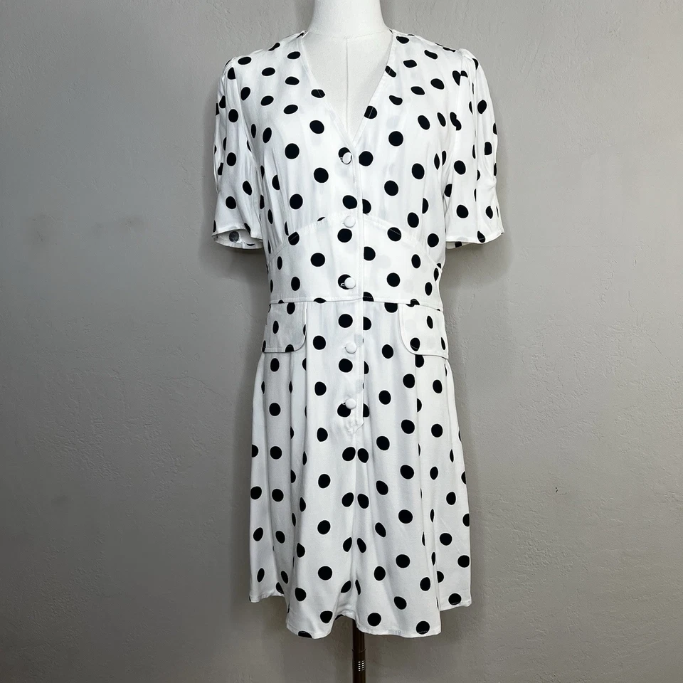 RIXO Mini Vestido Laura Lunares Blanco Cuello en V Manga Corta Retro Talla Mediana