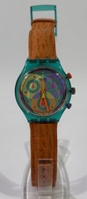 SWATCH CHRONO SCL102 1993 reloj de pulsera unisex correa de cuero naranja necesita batería