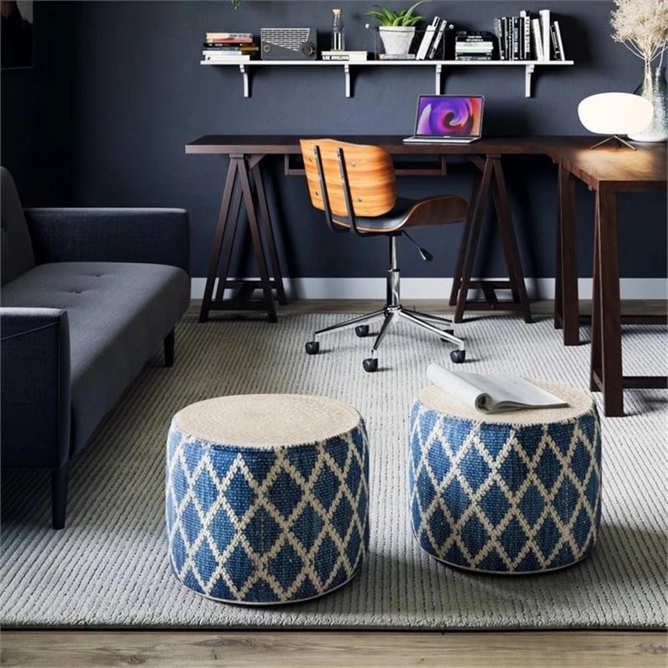 Simpli Home Edgeley Boho Round Pouf in Classic Blue and Natural Woven Braided... - Image 2 of 4