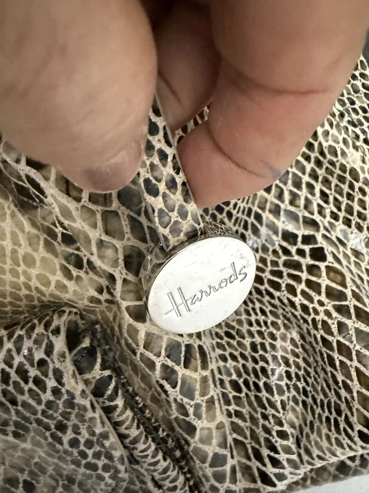 Harrods London Leather Snakeprint Handbag Tote Bag Women's Beige Black 10.5x15" - Image 4 of 4