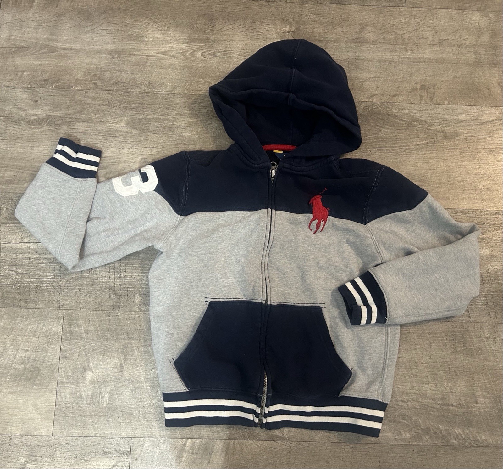 Polo Ralph Lauren felpa con cappuccio piccola 8 10 grande pony grigio blu navy