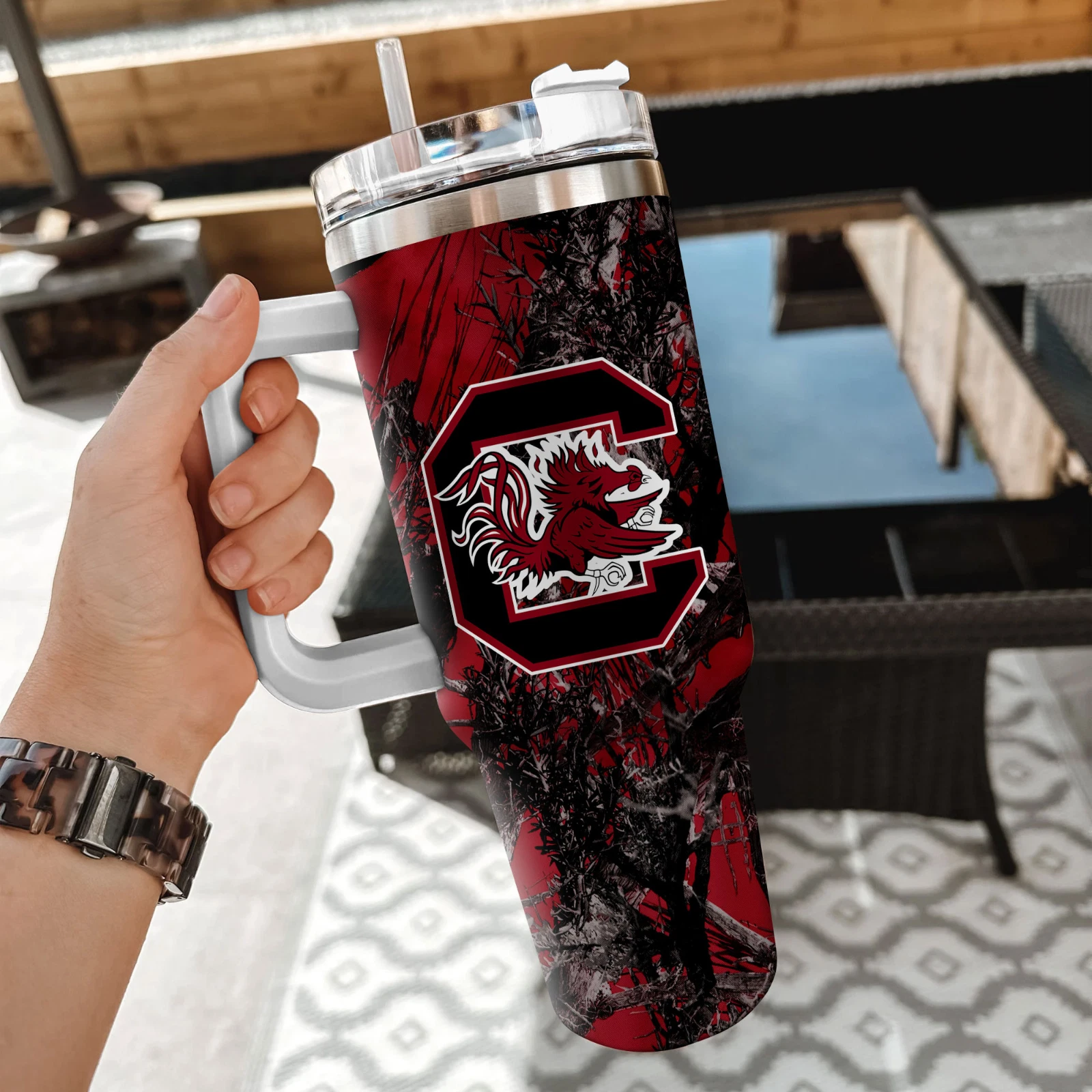 Red Gamecock Style 40 oz Tumbler – College Football Travel Cup with Handle