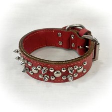 VTG 19" SMALL MEDIUM HEAVY-DUTY SPIKED STUDDED LEATHER DOG COLLAR red triple row