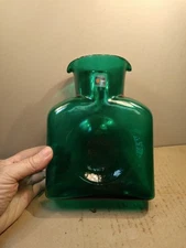 Signed Richard Blenko handblown Glass Green Double Sided Water Bottle, 1999