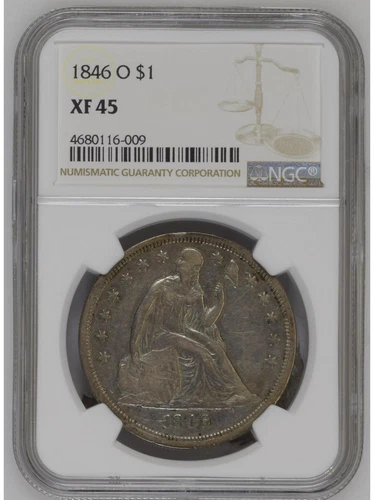 1846-O Liberty Seated dollar, NGC XF 45, 90% Silver