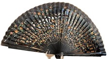 Asian or Japanese Folding Fan Black Lacquered Ribs Hand Painted Blossoms 8  x 15  