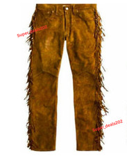 Mens Brown Suede Lambskin Leather Fringe Pants Motorcycle Party Biker Style Wear