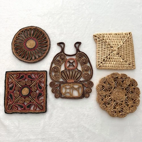 Colorful Bug Vintage Straw Trivets Set 5 Boho Kitchen Woven Raffia Wall Art SEE - product listing photo