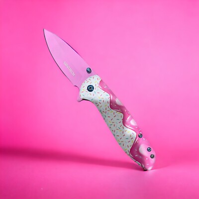 7.75  Spring Assisted tactical Sprinkles theme Pink Femme Fatale pocket Knife 6B