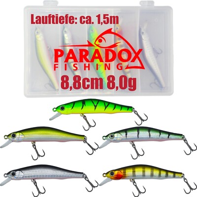 Paradox Fishing Wobbler Set I 5 Stück 8,0g 8,8cm mit Box I Hecht Köder Zander