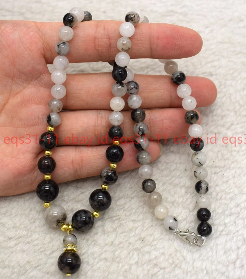 Collar de cuentas redondas rutiladas de cuarzo negro genuino de 6 mm 8 mm 10 mm 18-36"" Foto 4 de 4