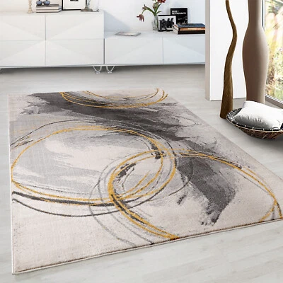 Wohnzimmer Teppich  Schlafzimmer Flur Teppich Kreisel Muster Gelb - Bild 1 von 4