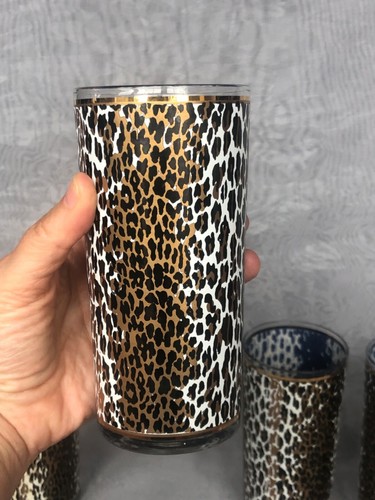 VINTAGE Leopard Print Glassware Set 1950s Barware High Ball Glasses - Picture 6 of 10