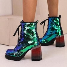 Women's Lace Up High Block Heel Sequins Ankle Boots Shiny Casual Clubwear Shoes