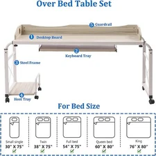 Overbed Table With Wheels Adjustable Over Bed Desk Multi-Functional Table Home