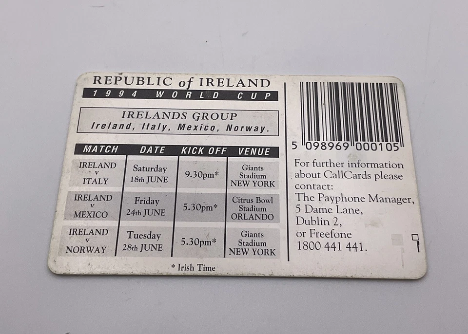 Telecom Eireann 10 Unit Phone Card 1994 FIFA World Cup Squad- Souvenir - Image 4 of 4