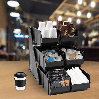 6 Compartments Upright Breakroom Coffee Condiment Storage Organizer Bin 3-Tier