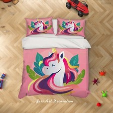 3D Unicorn Leaves Kids Pink Quilt Cover Set Duvet Cover Bedding Pillowcases