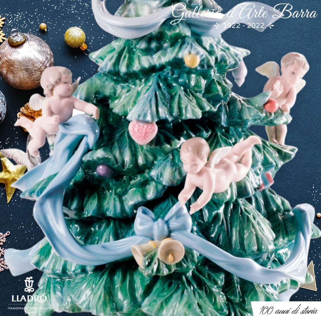 Figurina Lladró L'Albero Di Natale In Porcellana Fatta A Mano, Con Bambino E Glitter, Altezza 43,5 Cm, Limited Edition, Confezione Regalo