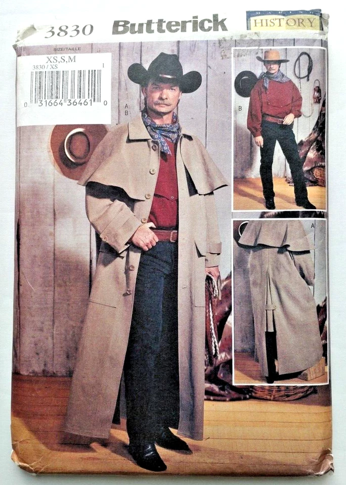 Butterick 3830 Men Western Cowboy Duster Coat Shirt Costume Pattern XS-M 30-40 - Image 2 of 4
