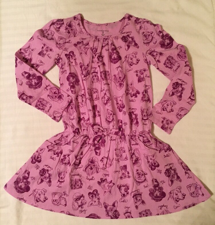 LANDS' END Little Girl DRESS Size: SMALL (4) New SHIP FREE Knit Long Sleeve Dogs