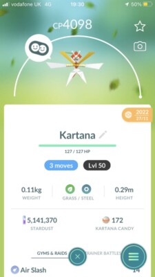 Pokémon Trade Go Level 50- Kartana 3 Moves For PvP Master League