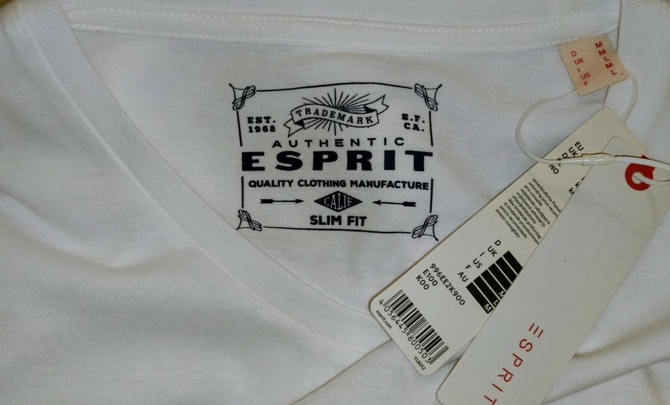 Esprit Mens White Designer T-Shirt Medium M  - Image 4 of 4