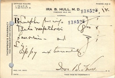 1945 Dr Ira B Hull Prescription Script Presque Isle Maine Apothecary