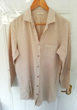 M&S 14 Mocha Mix Shirt Blouse Top Brown White Stripe Button Up Cotton Pocket