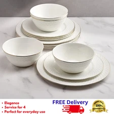 Mikasa Trellis Gold 12pc Bone China Dinnerware Set Service 4 Plates Bowls New