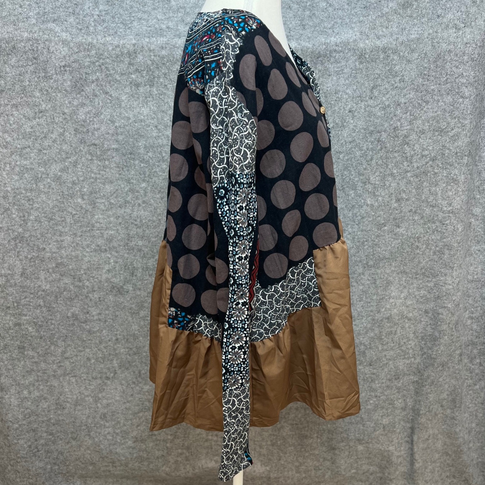 Mixed Print Patchwork Button Front Peplum Blouse … - image 4